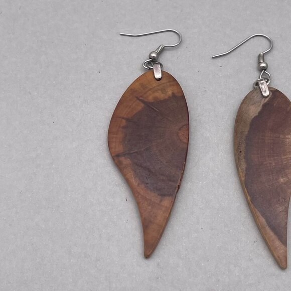 925 Sterling Silver Teardrop Dangling Wooden Earrings Hook Closure - Picture 3 of 3